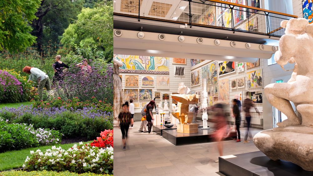A composite image showing the Botanical Gardens on the left and Skissernas museum on the right.
